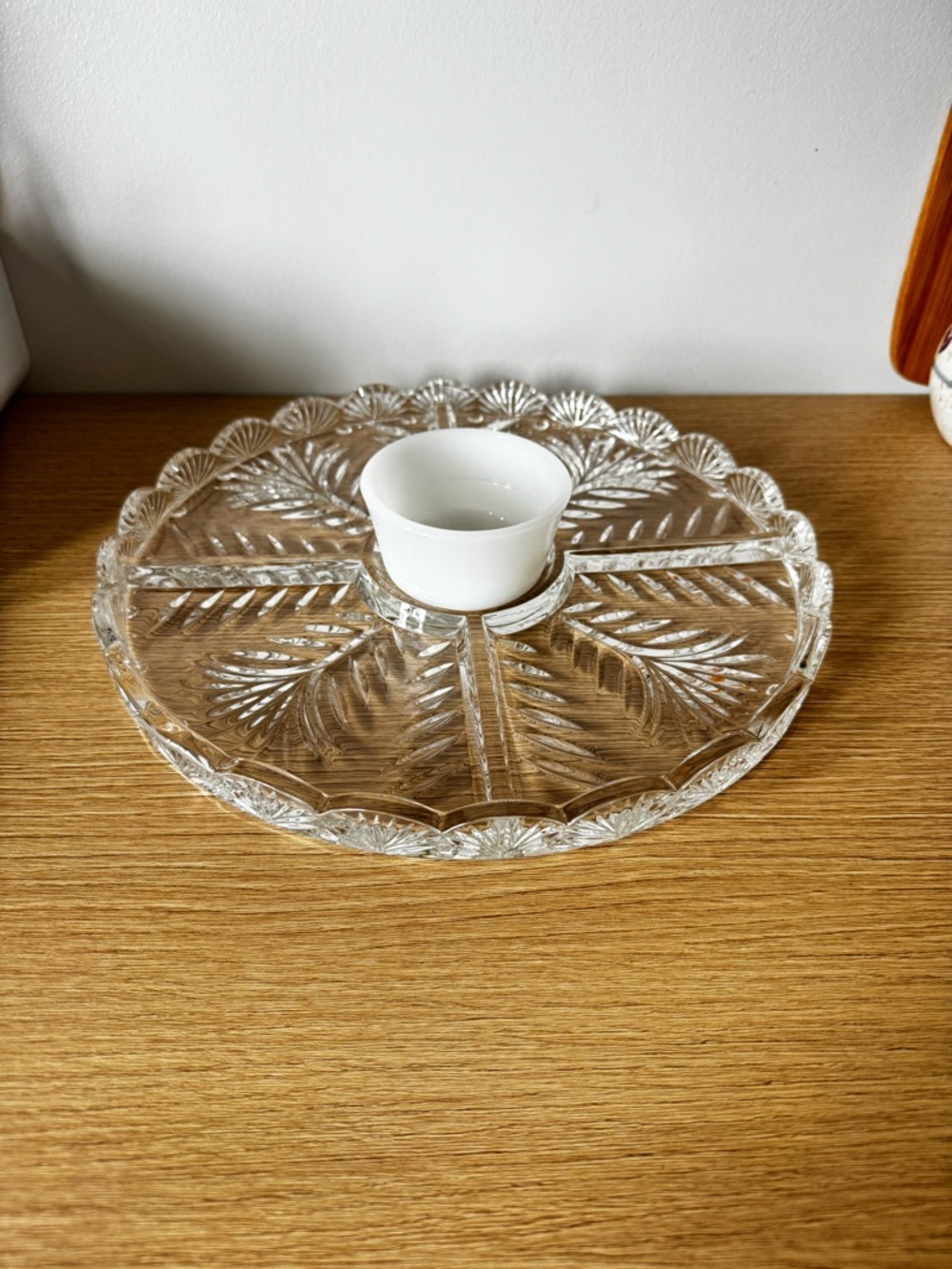 Clear Glass Divided Serving Tray with White Dip Bowl